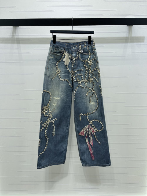 Dior 3D Printed Lace Pearl Chain Denim Wide-Leg Pants