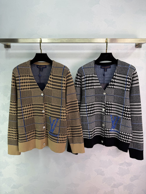 Louis Vuitton Classic Houndstooth Knit Cardigan with Blue Logo Embroidery