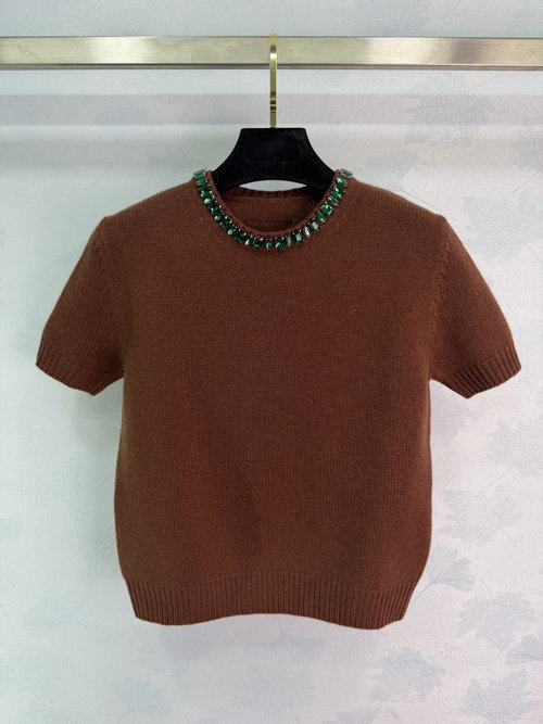 Prada Gem-Collar Wool Short-Sleeve Shirt with Emerald Accent, Elegant Style