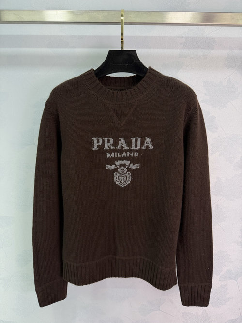 Prada Logo Intarsia Sweater with Shield Badge, Crafted from Wool and Cashmere Blend, Featuring a Simple and Sophisticated Design