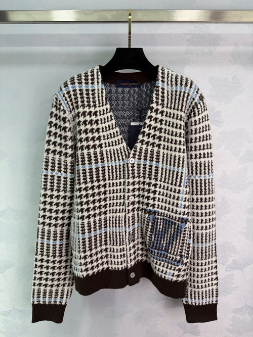 Louis Vuitton Houndstooth Knitted Cardigan with Blue Lines and Brown Splicing