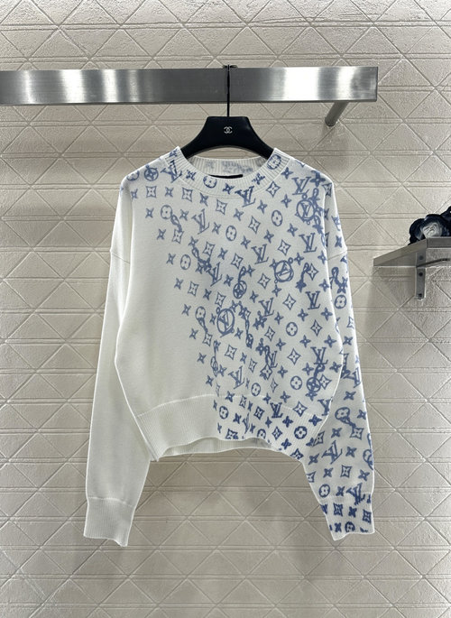 Louis Vuitton Printed Letter Knit Top with Four-Leaf Clover Logo and Ribbed Edging