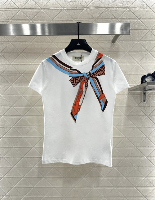 Fendi Customized Cotton Ribbon-Printed Round-Neck T-Shirt, Elegant and Distinctive