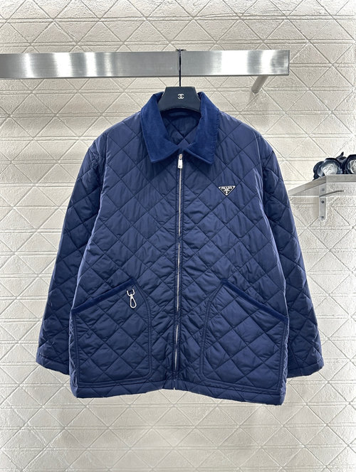 Prada Lightweight and Warm Cotton Jacket with Corduroy Collar and Large Pockets