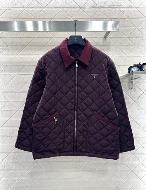 Prada Lightweight and Warm Cotton Jacket with Corduroy Collar and Large Pockets