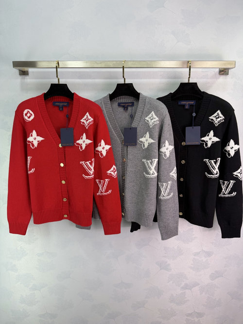 Louis Vuitton Monogram Knit Cardigan in High - Quality Fabric with V - Neck and Golden Buttons