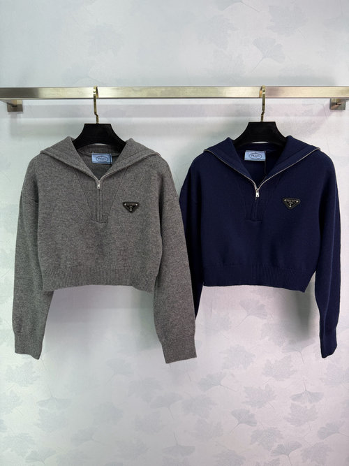 Prada Short Navy Collar Knit Top with Classic Triangle Embroidery and Half - Zip Design for a Casual Chic Look