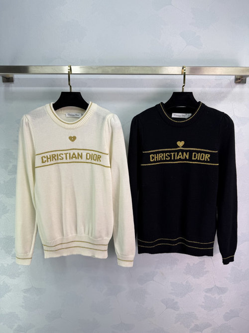 Dior Heart - Embroidered Knit Sweater in Soft Fabric with Golden Letters and Simple Round Neck