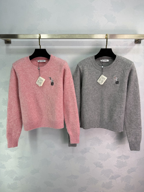 Loewe Crew Neck Knit Pullover Sweater, Fine Knit Texture, Relaxed Fit with Embroidered Logo