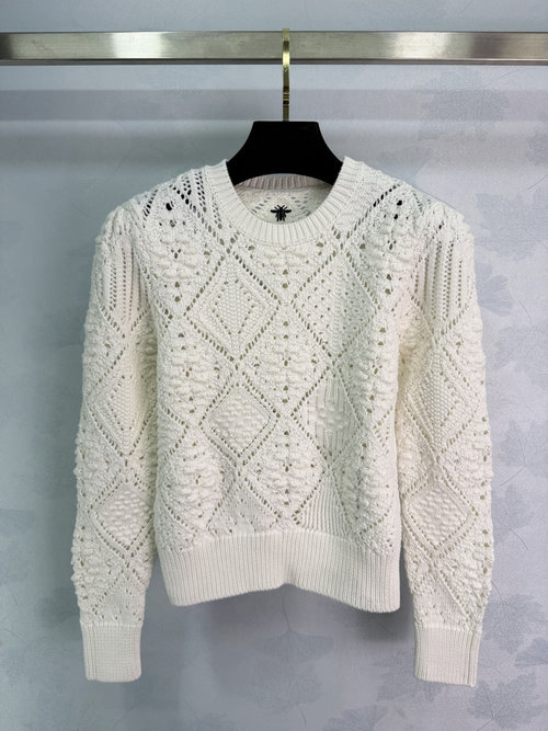 Dior Lace Knitted Sweater in Cream White Tone, Soft Wool