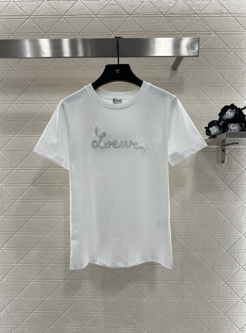Loewe Slim Short-Sleeved T-Shirt with 3D Embroidery Logos, Two Color Options