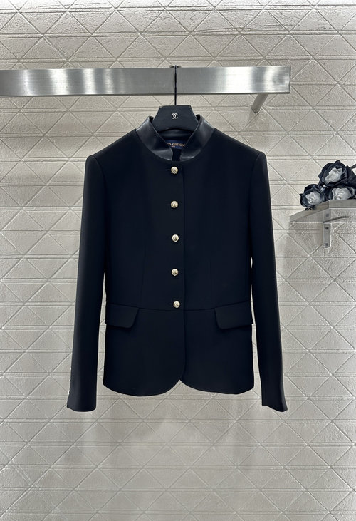 Louis Vuitton Leather Collar Suit Jacket with Gold Buttons and Waistline Detailing