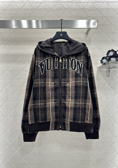 Louis Vuitton Brown Checked Jacquard Hooded Zipper Jacket, Imported Wool