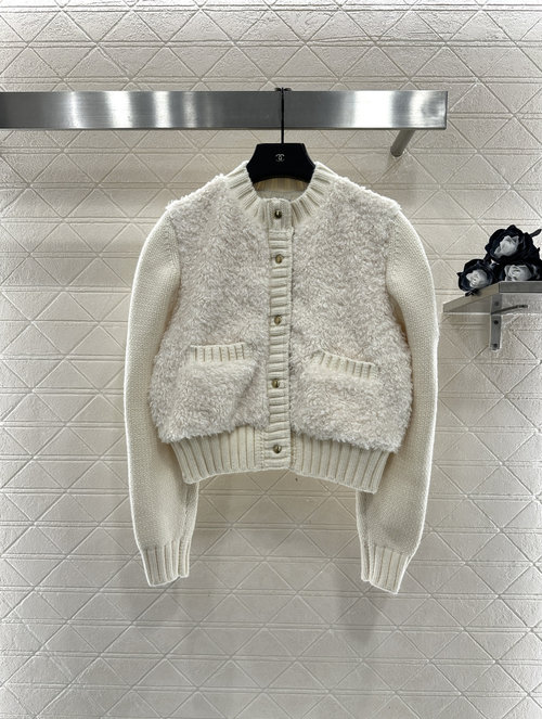 Moncler Wool Spliced Knit Down Jacket, Teddy Wool, Warm and Stylish