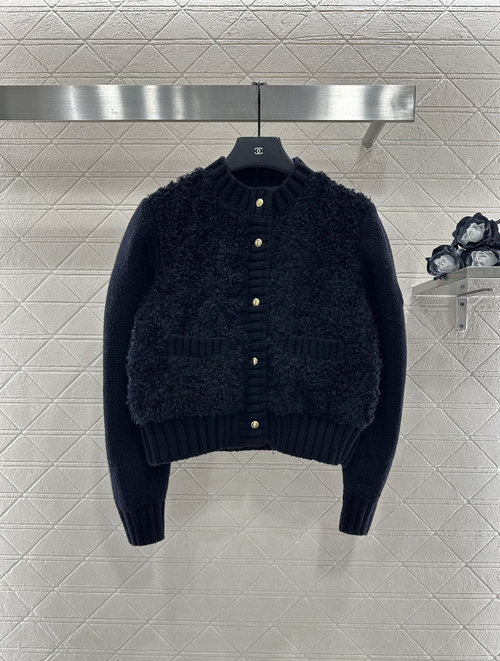 Moncler Wool Spliced Knit Down Jacket, Teddy Wool, Warm and Stylish