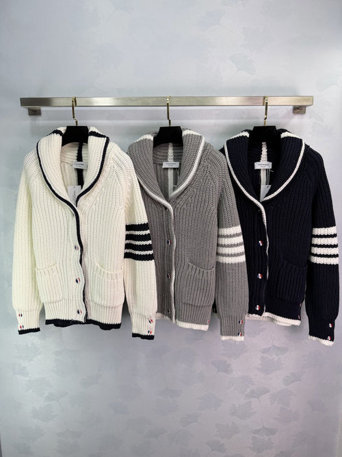 Thom Browne Classic Four-Stripe Knit Cardigan with Mother-of-Pearl Buttons
