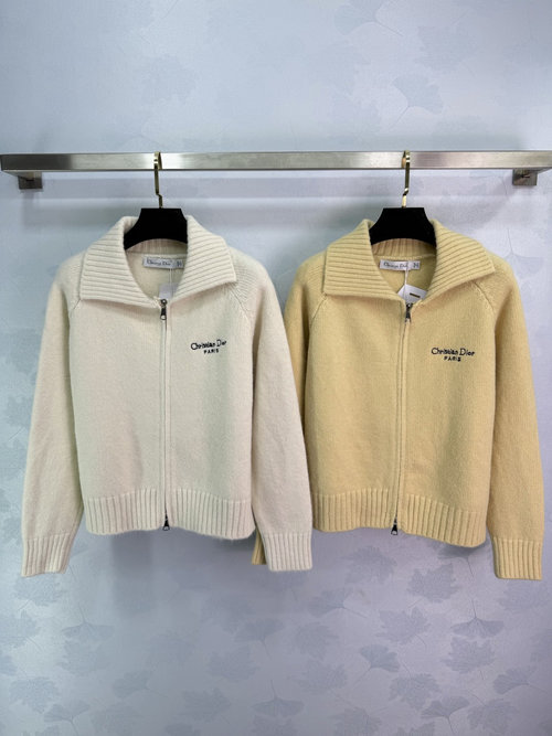 Dior Stand Collar Zipper Sweater with Logo Embroidery, Elegant Design