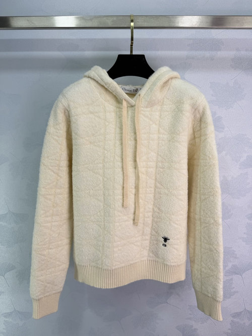 Dior Milky White Hooded Sweater, Soft & Warm, Classic Checkered Pattern