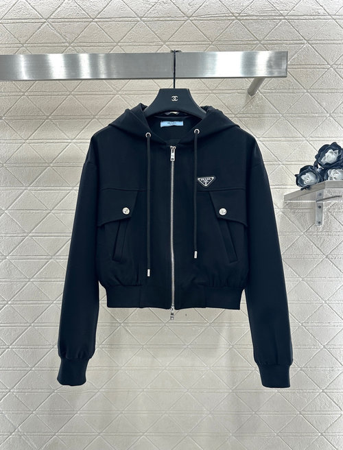 Prada Custom Cotton Zip-up Hoodie with Metal Badge and Pocket