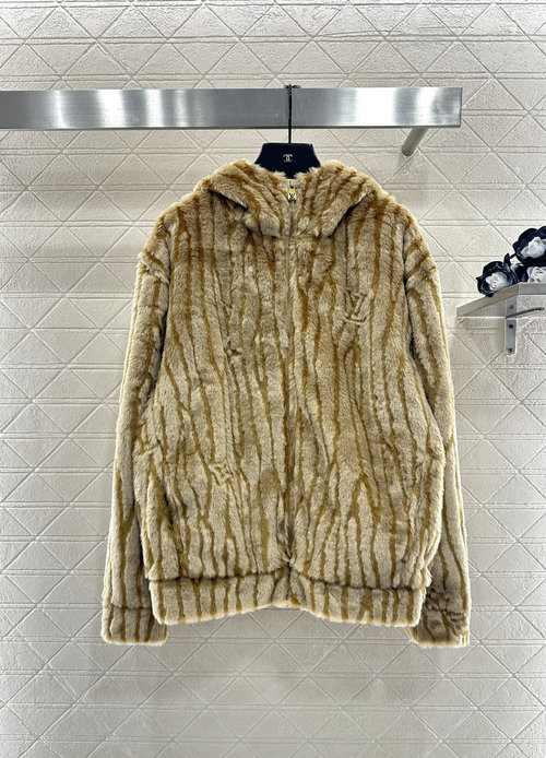 Louis Vuitton Long Hooded Fur Coat with Vertical Stripes and Logo Embellishment