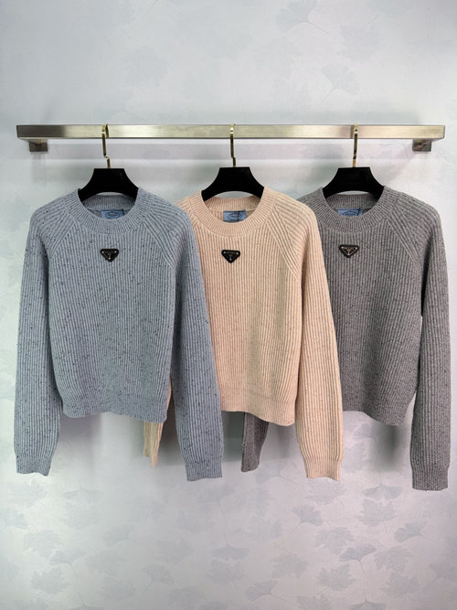 Prada Triangle Logo Wool-Cashmere Blend Knit Sweater, Comfortable Fit