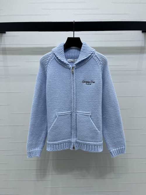 Dior Zip-Up Hoodie Knit Cardigan with Logo Embroidery