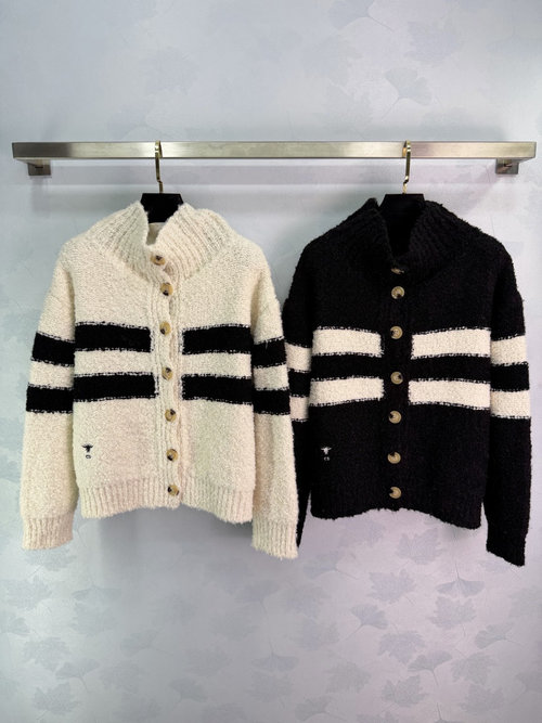 Dior Contrast Striped Knitted Cardigan with Button and Semi-high Collar