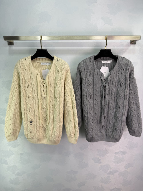 Dior Cable-Knit Sweater with Cross-Tie in Cream or Gray