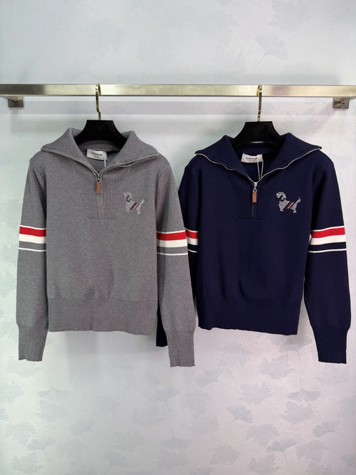 Thom Browne College-Style Sweater with Sausage Dog Embroidery and Color Block