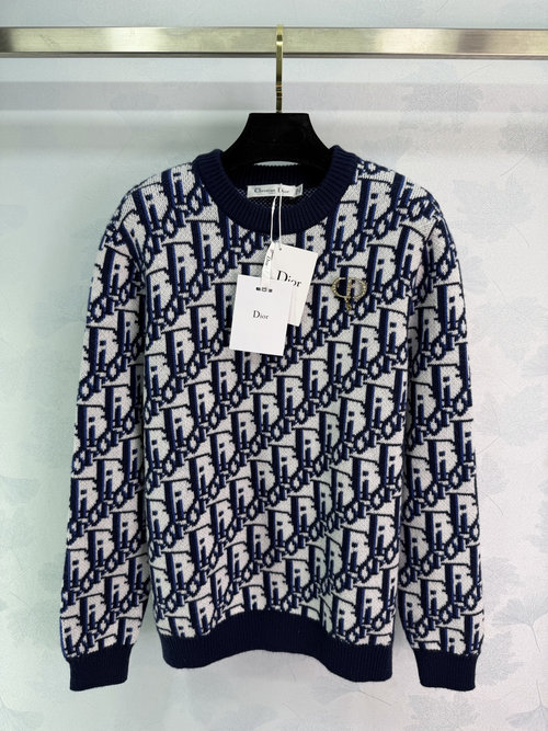Dior Classic Blue and White Jacquard Knit Sweater with CD Trim