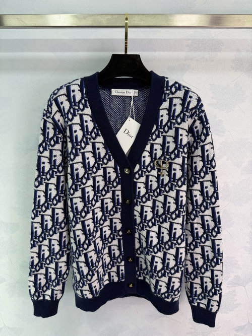 Dior Vintage Style Blue and White Jacquard Knit Cardigan with CD Trim