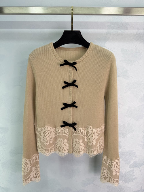 Valentino Milk Tea Brown Knitted Cardigan with Black Bow, Sophisticated Appeal