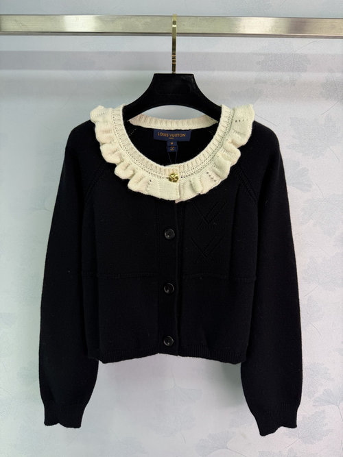 Louis Vuitton Elegant Black Knitted Cardigan with Ruffled Collar