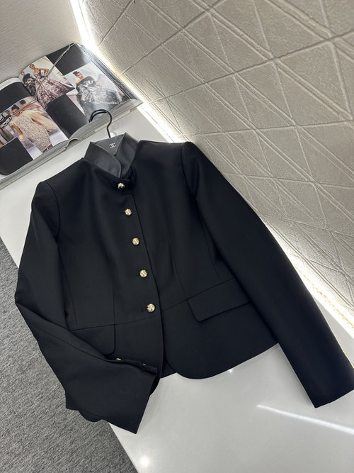 Louis Vuitton Custom Wool Stand-Collar Leather-Trimmed Blazer with Logo