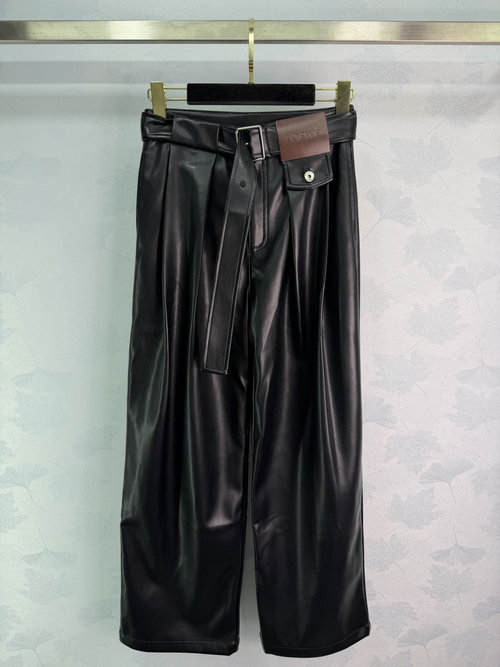 Loewe Trendy Belted Wide-leg Leather Pants with Press Pleats