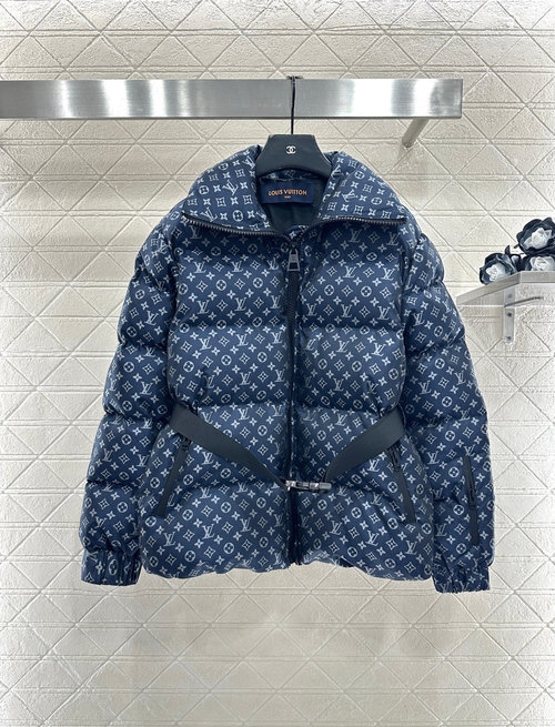 Louis Vuitton Stylish Jacquard Down Jacket with Belt and Clover Logo