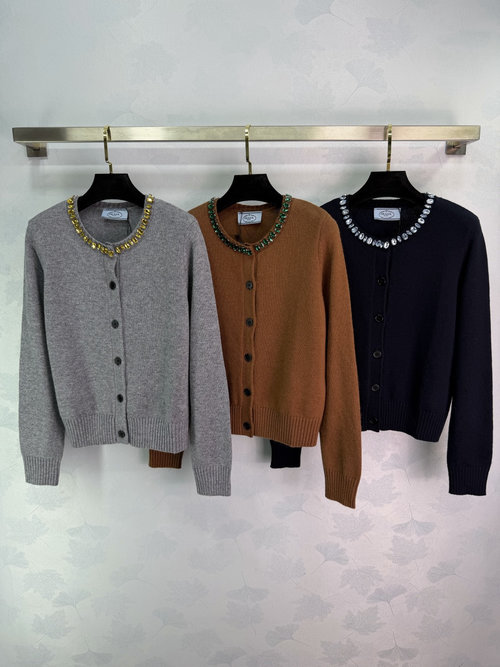 Prada Beaded Crew Neck Knit Cardigan with Delicate Details and Versatile Wear