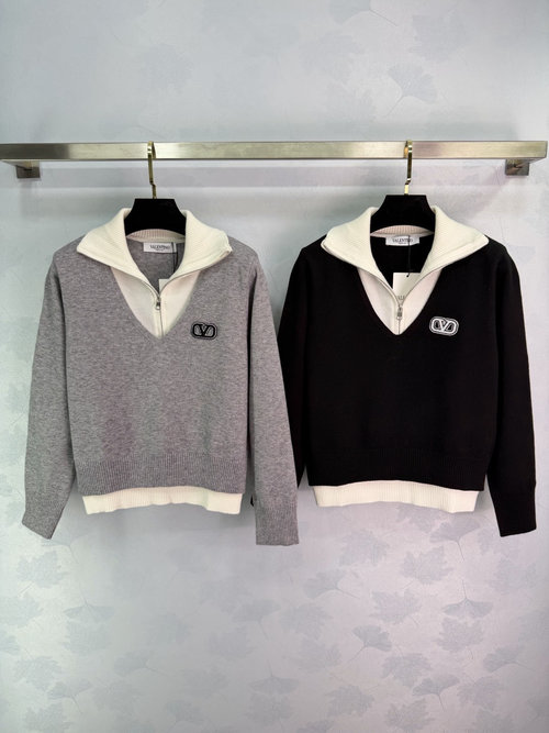 Valentino Color-Block Knitted Sweater with V Logo Embroidery, Zipper Collar