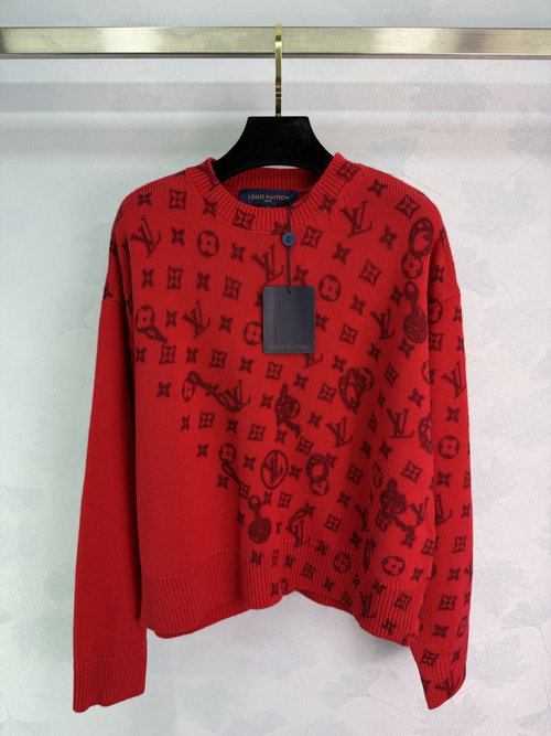 Louis Vuitton Red Knitted Sweater with Classic Monogram Pattern, Brand Accent