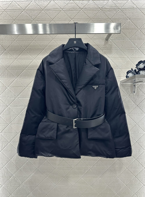 Prada Custom Imported Nylon Down Jacket with Belt and Metal Accent