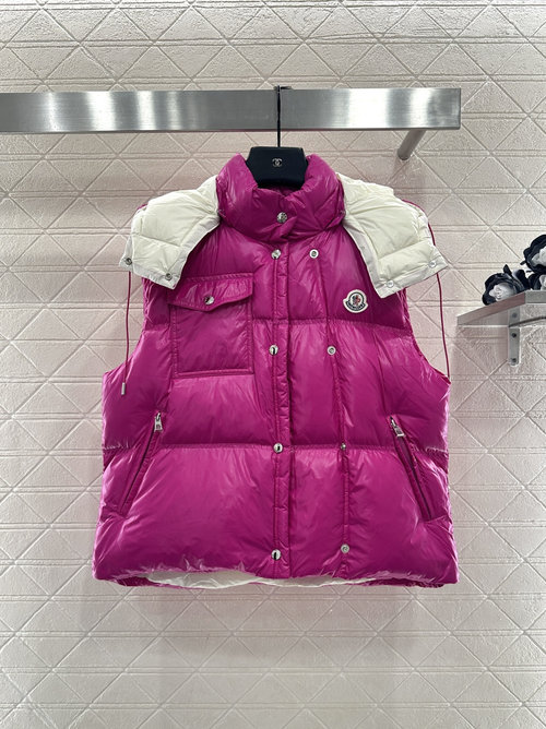 Moncler Detachable Hooded Down Vest in Reflective Nylon with Zippered Pockets