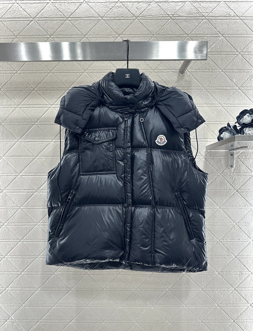 Moncler Detachable Hooded Down Vest in Reflective Nylon with Zippered Pockets