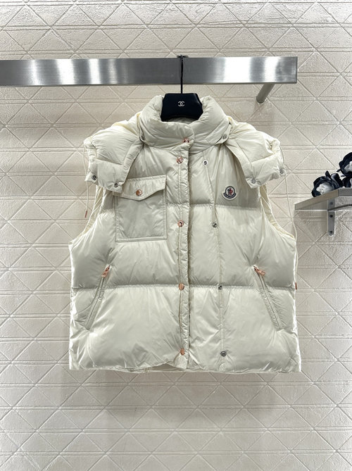 Moncler Detachable Hooded Down Vest in Reflective Nylon with Zippered Pockets