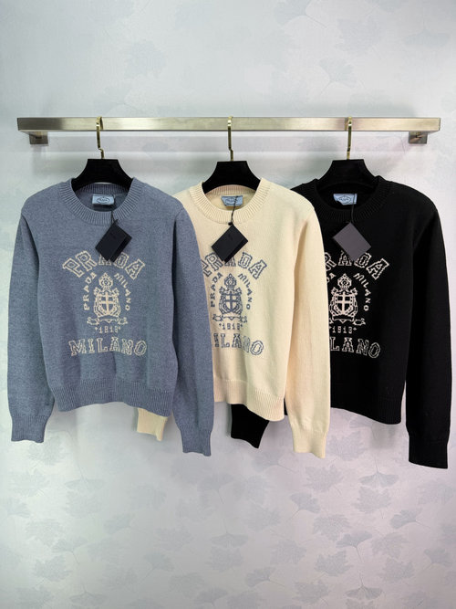 Prada College - Style Embroidered Crest Sweater in Soft Wool