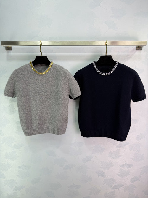 Prada Round Neck Short Sleeve Knit with Crystal and Holographic Accents