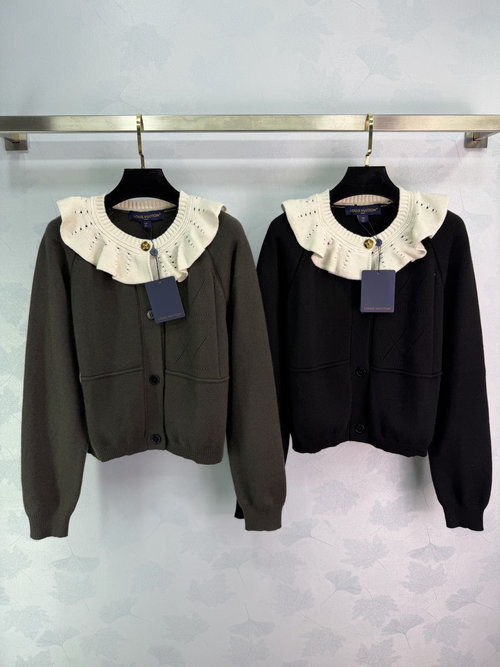 Louis Vuitton Lace Collar Knit Cardigan with Vertical Stripes and Color Blocking