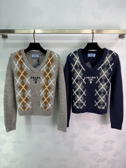 Prada V-Neck Knit Pullover with Multi-Color Checker and Logo Embroidered