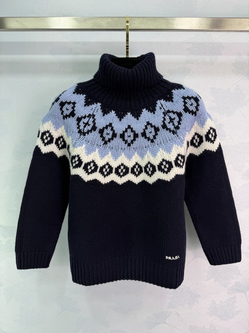 Prada High Neck Fair Isle Pattern Sweater, Wool Cashmere Blend, Nordic Style