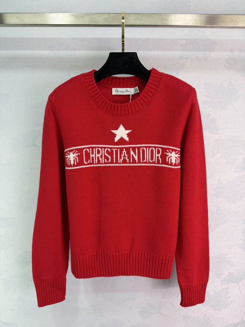 Dior Star Embroidered Pullover Knit Sweater with Horizontal Bar Logo