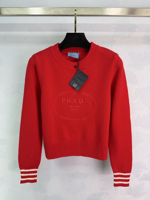 Prada Relaxed Crew-Neck Knit Sweater with Chest Embroidery Logos